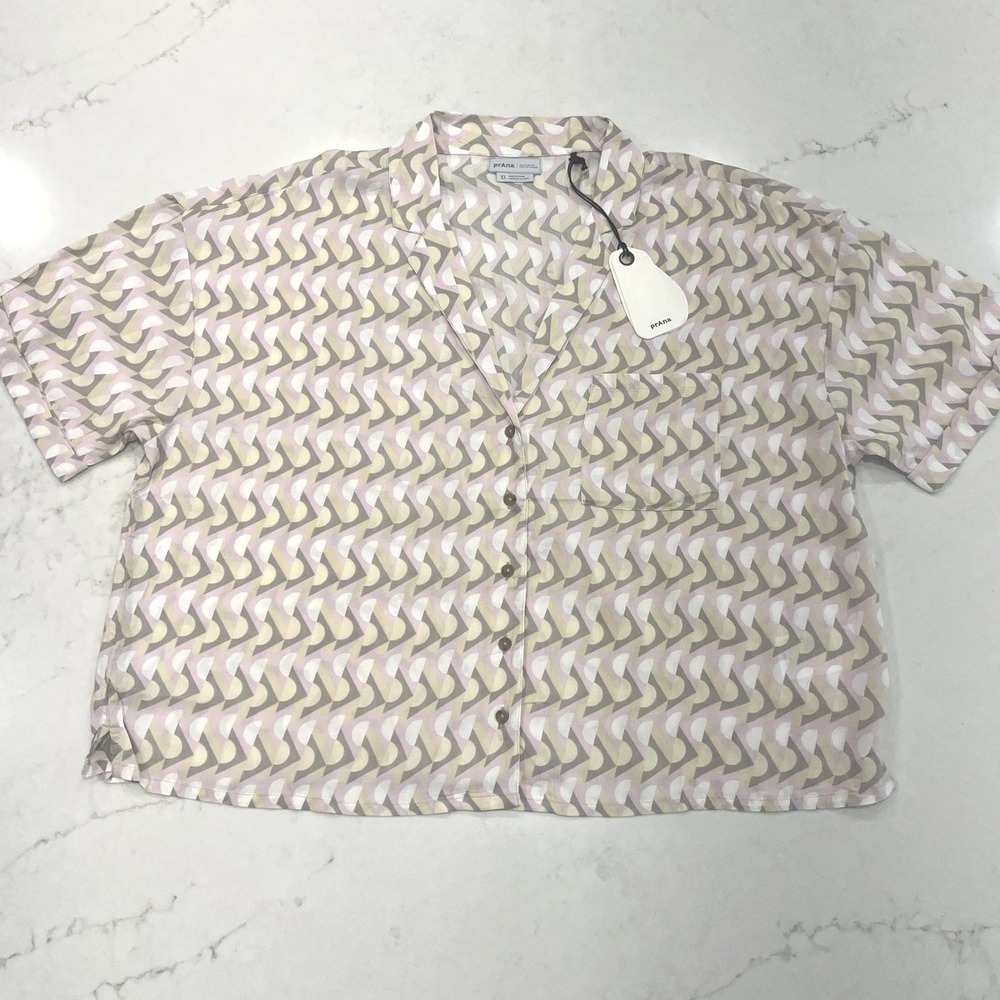 Prana NEW Boxy Top Women XL Retro Geo Pink Tan Eco Tencel Gorpcore Coastal Beach